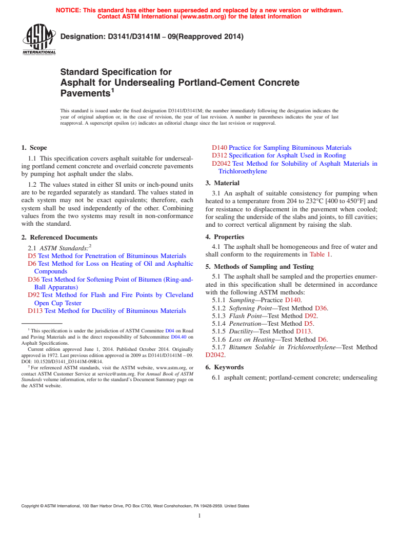 ASTM D3141/D3141M-09(2014) - Standard Specification for Asphalt for Undersealing Portland-Cement Concrete Pavements