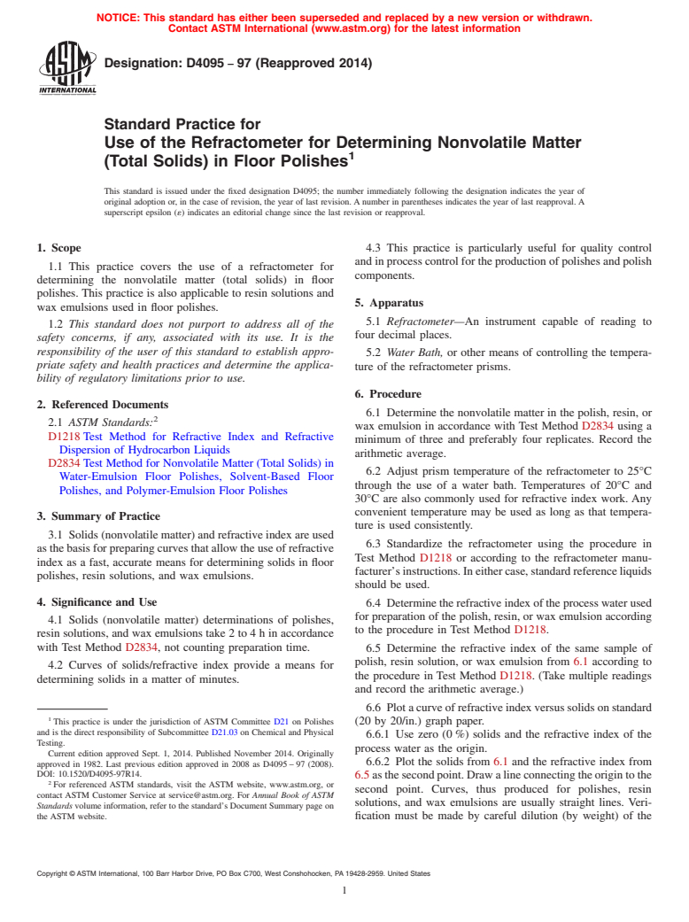 ASTM D4095-97(2014) - Standard Practice for  Use of the Refractometer for Determining Nonvolatile Matter  &#40;Total Solids&#41; in Floor Polishes