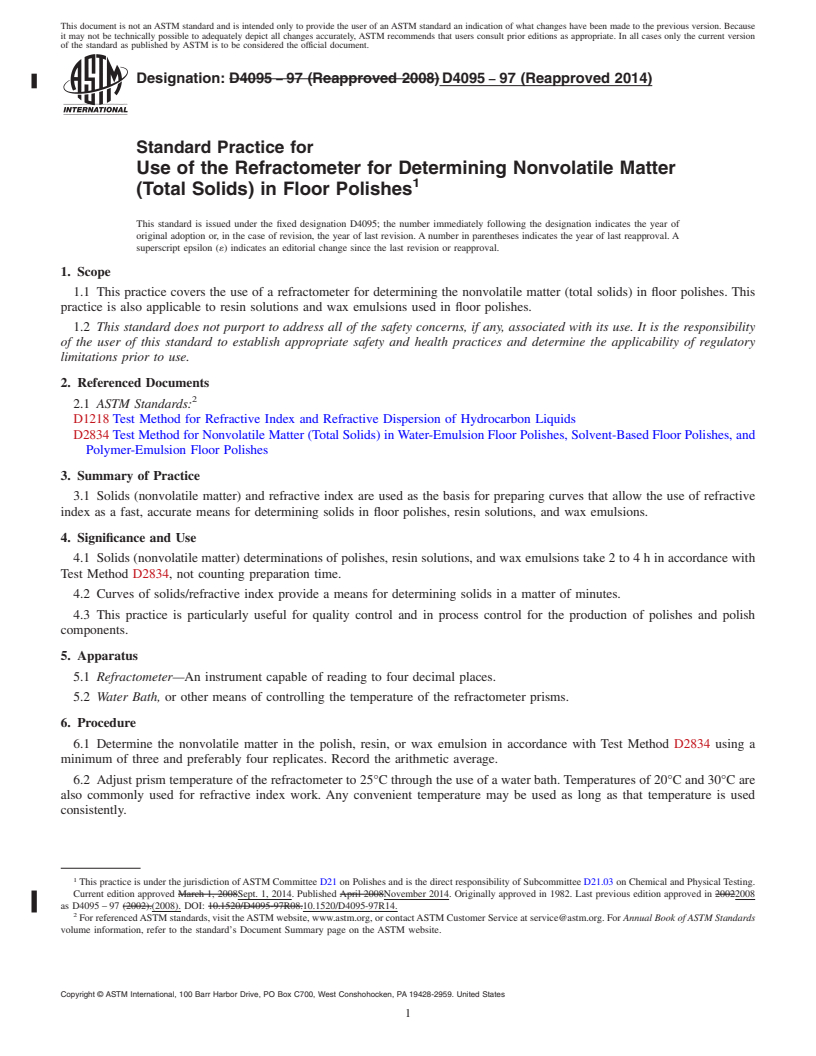 REDLINE ASTM D4095-97(2014) - Standard Practice for  Use of the Refractometer for Determining Nonvolatile Matter  &#40;Total Solids&#41; in Floor Polishes