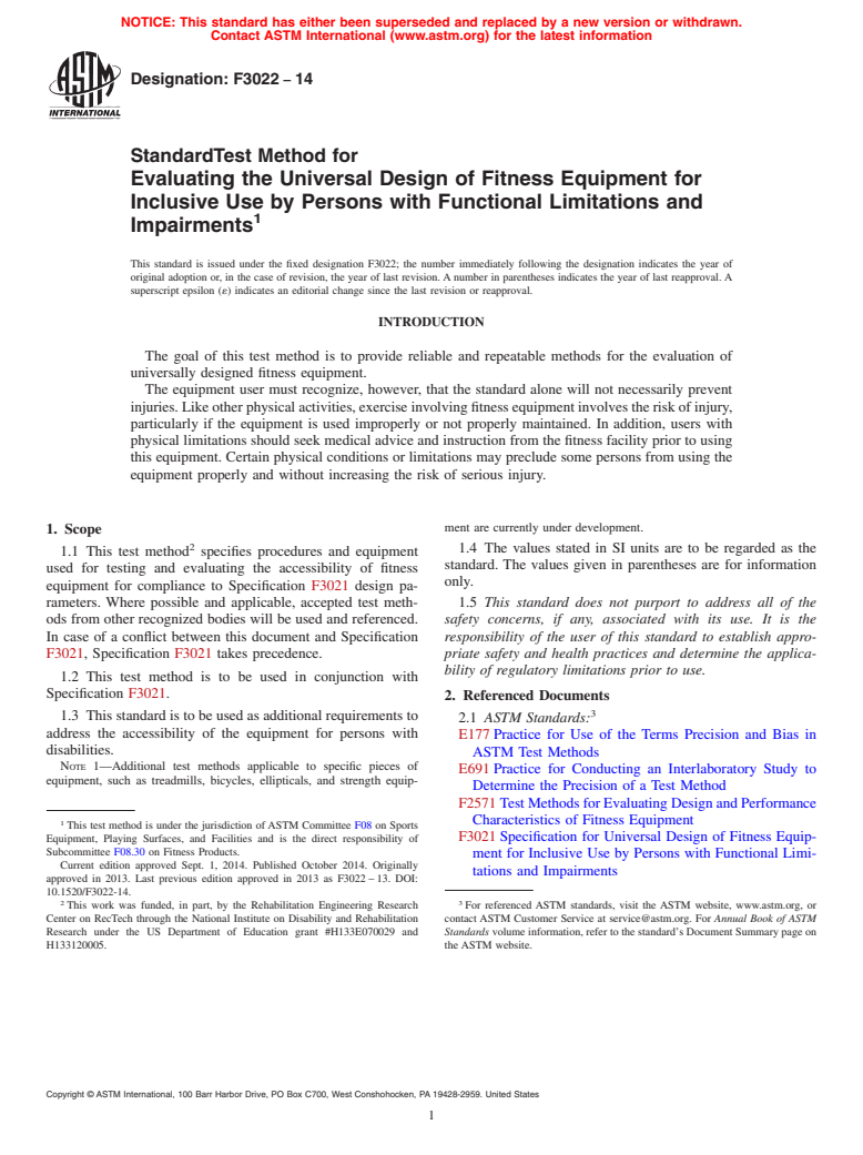 ASTM F3022-14 - Standard Test Method for Evaluating the Universal Design of Fitness Equipment for Inclusive  Use by Persons with Functional Limitations and Impairments