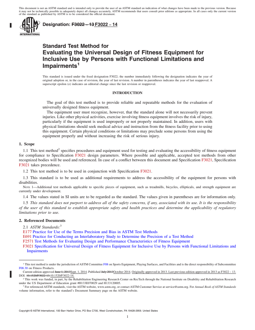 REDLINE ASTM F3022-14 - Standard Test Method for Evaluating the Universal Design of Fitness Equipment for Inclusive  Use by Persons with Functional Limitations and Impairments