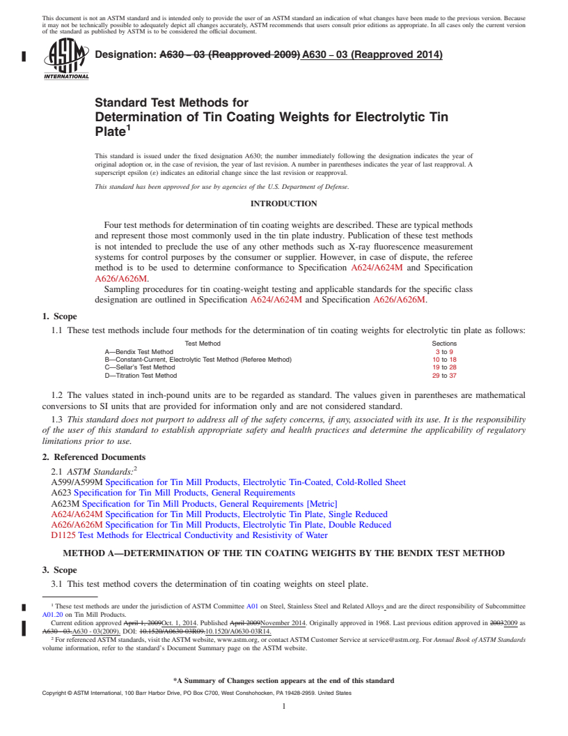 REDLINE ASTM A630-03(2014) - Standard Test Methods for  Determination of Tin Coating Weights for Electrolytic Tin Plate