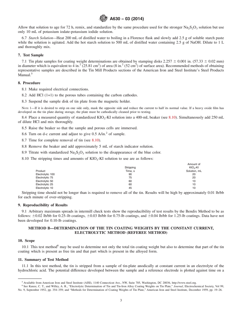 REDLINE ASTM A630-03(2014) - Standard Test Methods for  Determination of Tin Coating Weights for Electrolytic Tin Plate