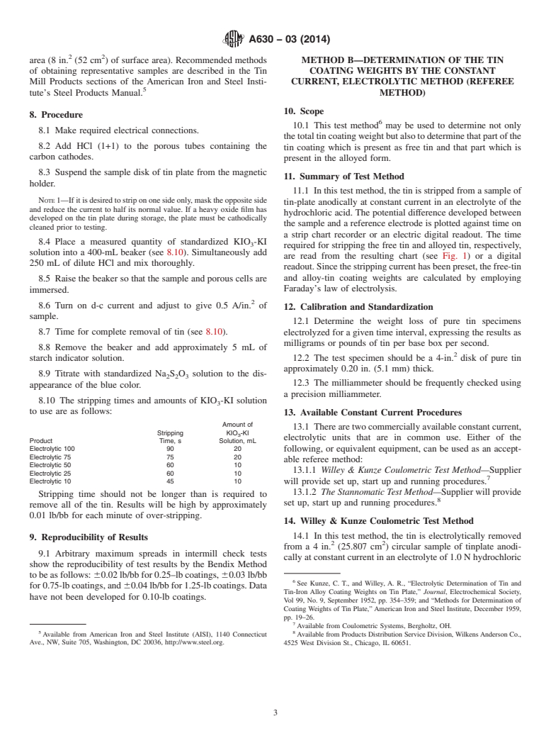 ASTM A630-03(2014) - Standard Test Methods for  Determination of Tin Coating Weights for Electrolytic Tin Plate