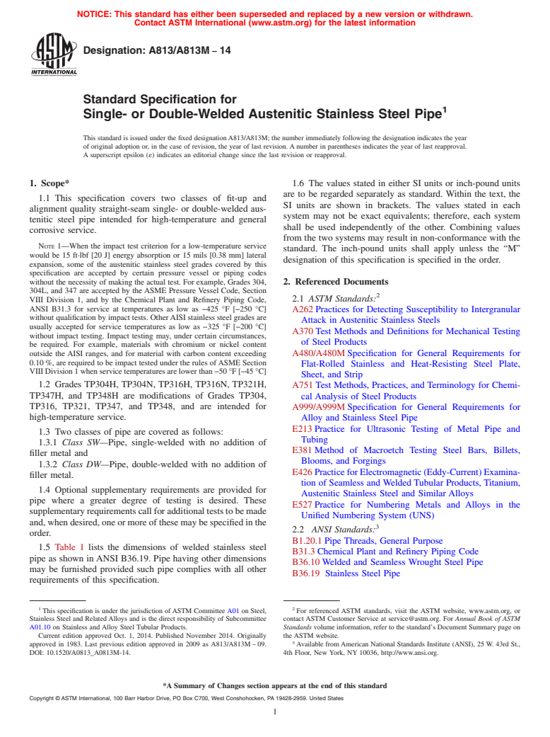 ASTM A813/A813M-14 - Standard Specification for  Single- or Double-Welded Austenitic Stainless Steel Pipe