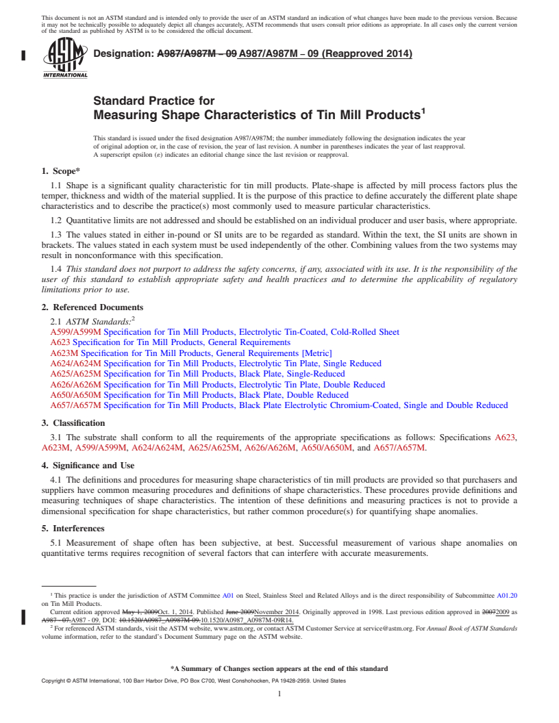 REDLINE ASTM A987/A987M-09(2014) - Standard Practice for  Measuring Shape Characteristics of Tin Mill Products