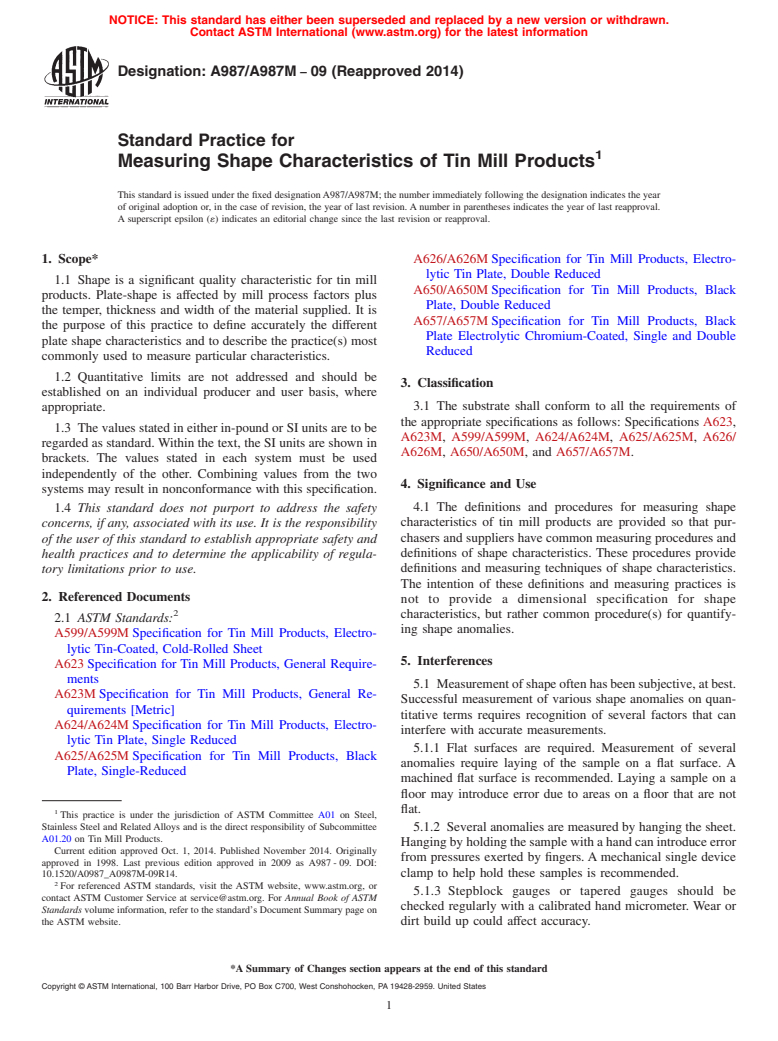 ASTM A987/A987M-09(2014) - Standard Practice for  Measuring Shape Characteristics of Tin Mill Products