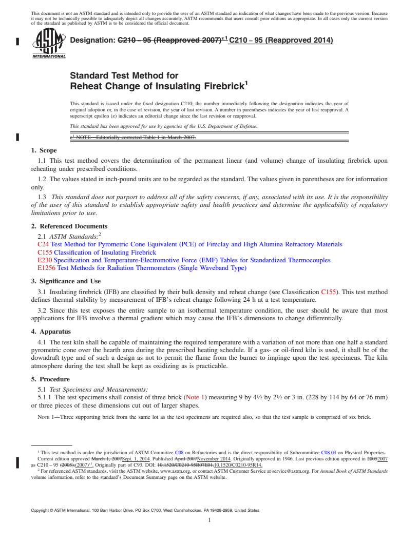 REDLINE ASTM C210-95(2014) - Standard Test Method for Reheat Change of Insulating Firebrick