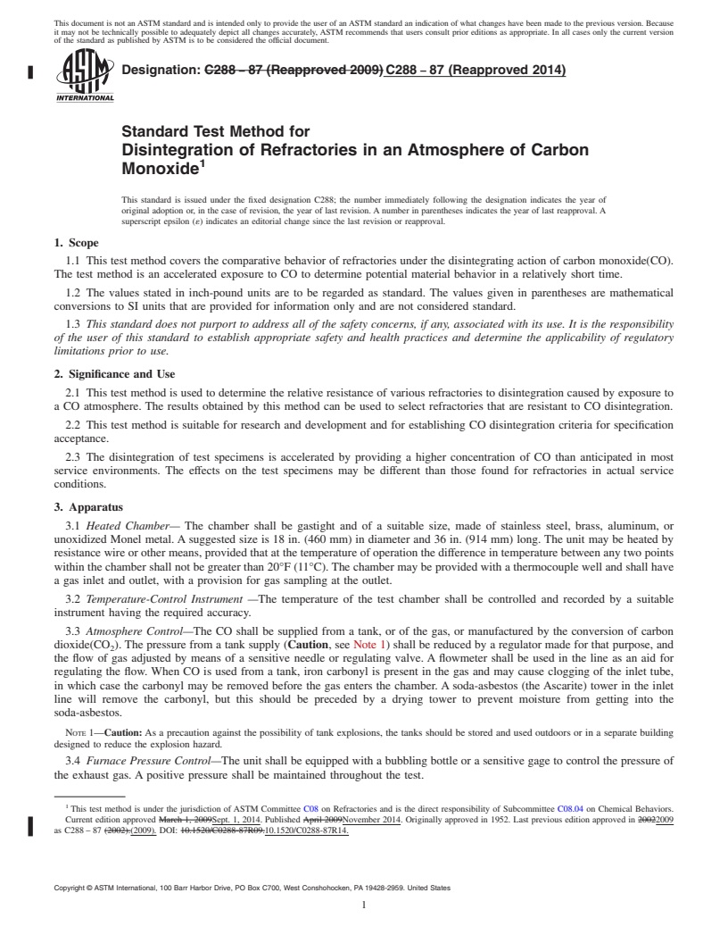 REDLINE ASTM C288-87(2014) - Standard Test Method for  Disintegration of Refractories in an Atmosphere of Carbon Monoxide