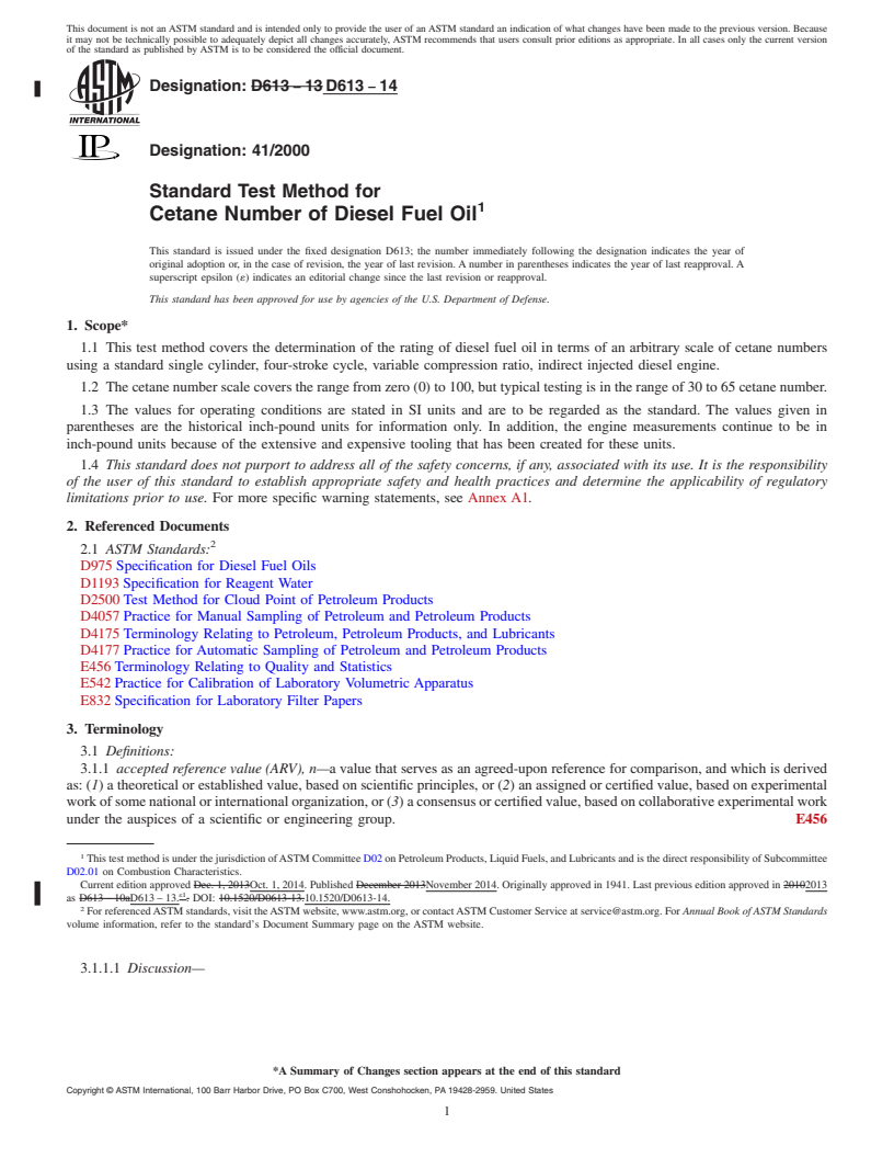 REDLINE ASTM D613-14 - Standard Test Method for  Cetane Number of Diesel Fuel Oil