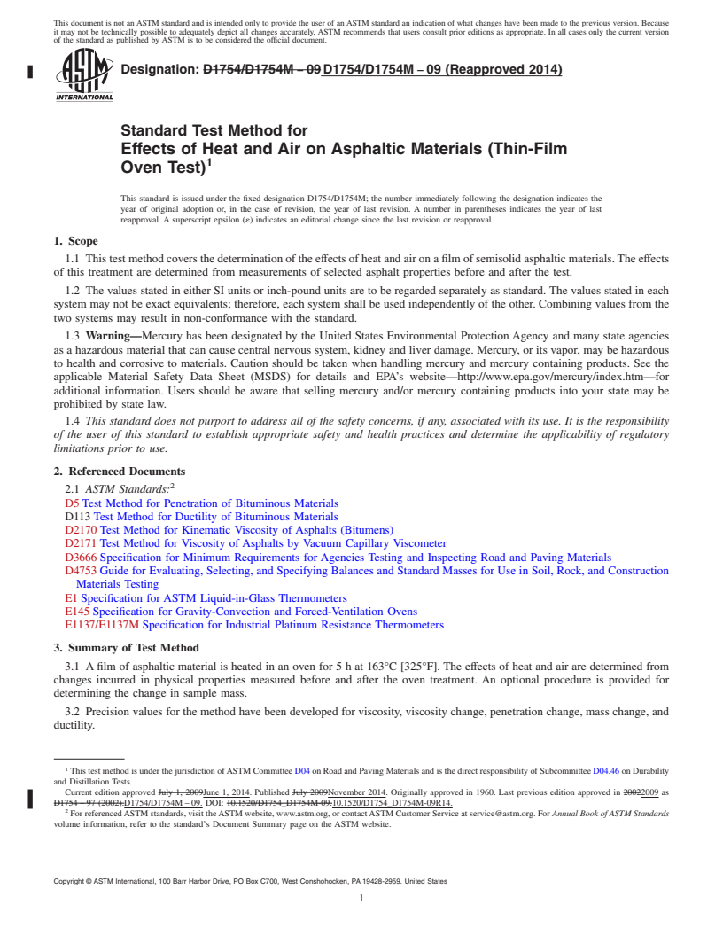 REDLINE ASTM D1754/D1754M-09(2014) - Standard Test Method for  Effects of Heat and Air on Asphaltic Materials &#40;Thin-Film Oven  Test&#41;