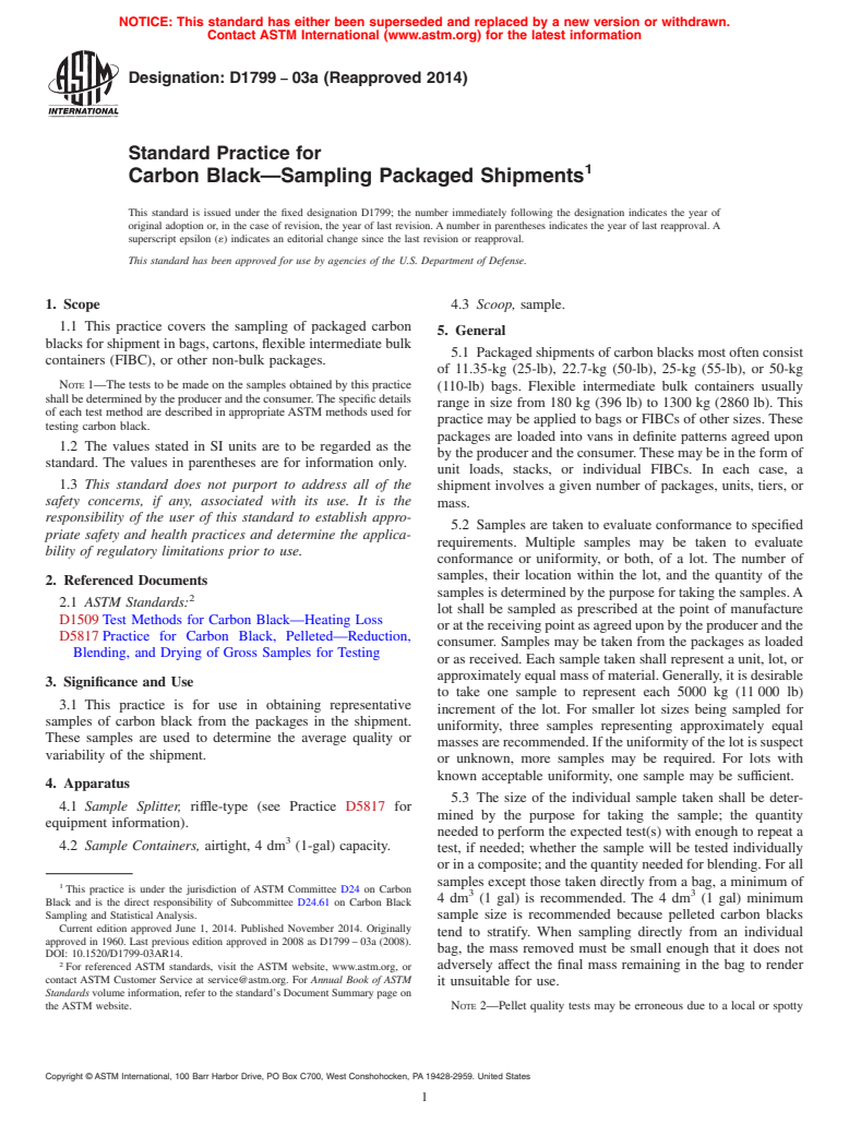 ASTM D1799-03a(2014) - Standard Practice for Carbon Black&mdash;Sampling Packaged Shipments