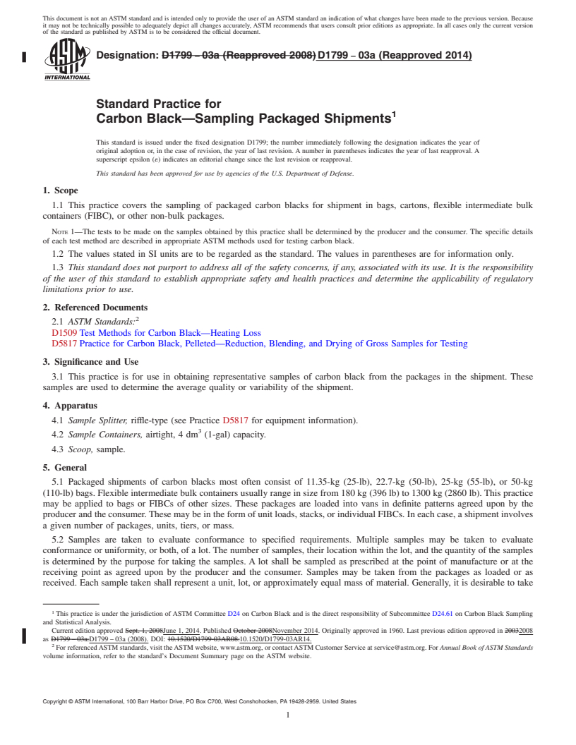 REDLINE ASTM D1799-03a(2014) - Standard Practice for Carbon Black&mdash;Sampling Packaged Shipments