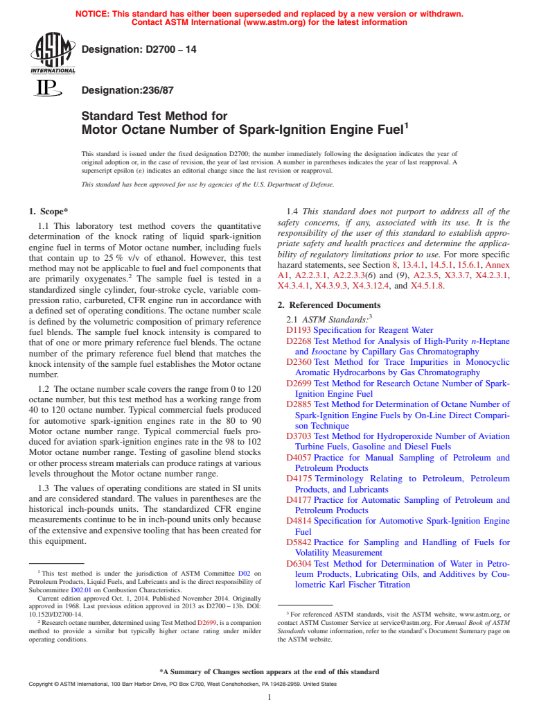 ASTM D2700-14 - Standard Test Method for Motor Octane Number of Spark-Ignition Engine Fuel