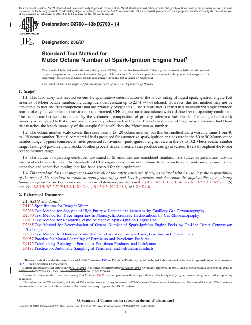 REDLINE ASTM D2700-14 - Standard Test Method for Motor Octane Number of Spark-Ignition Engine Fuel