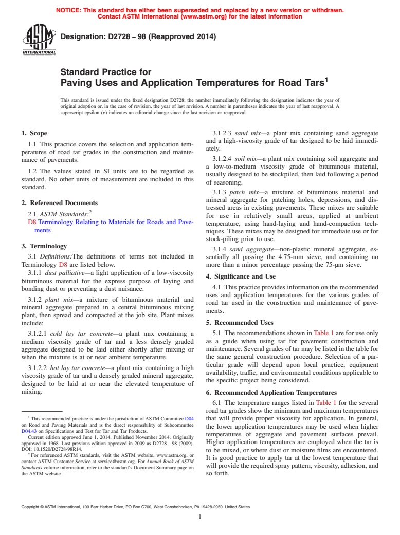 ASTM D2728-98(2014) - Standard Practice for  Paving Uses and Application Temperatures for Road Tars
