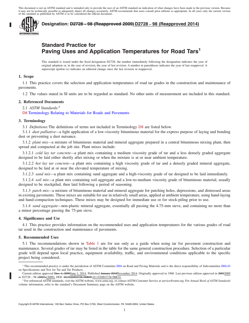 REDLINE ASTM D2728-98(2014) - Standard Practice for  Paving Uses and Application Temperatures for Road Tars