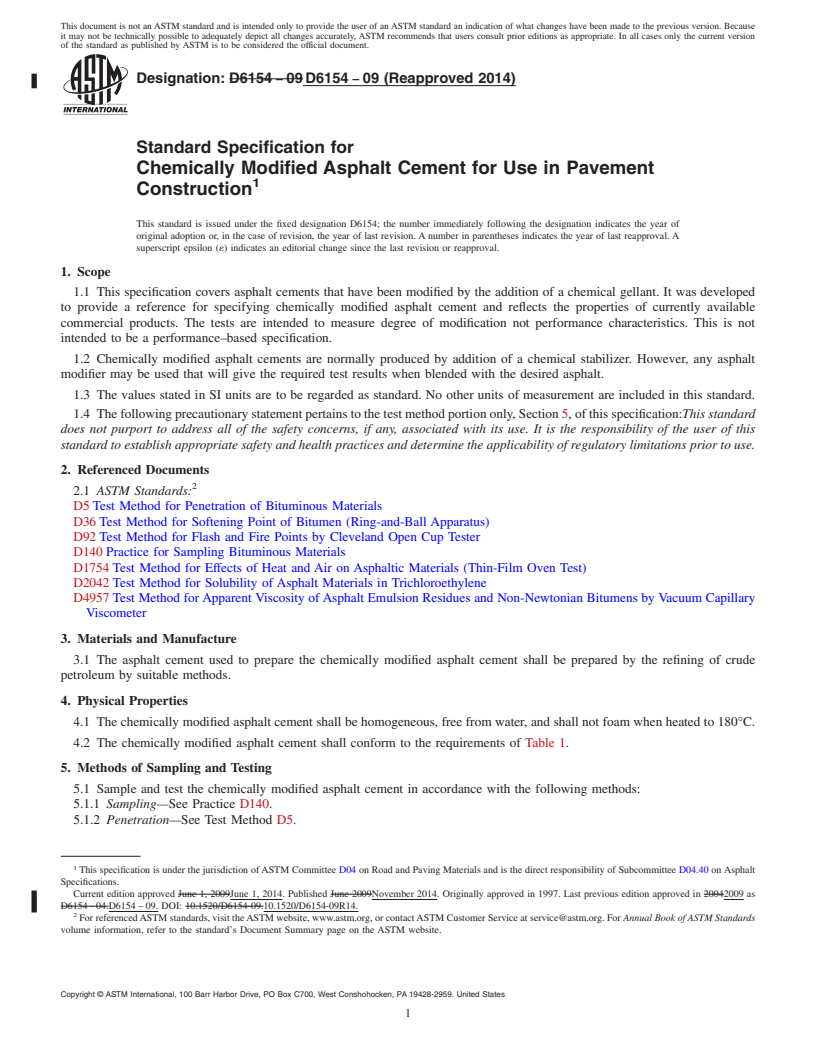 REDLINE ASTM D6154-09(2014) - Standard Specification for Chemically Modified Asphalt Cement for Use in Pavement Construction