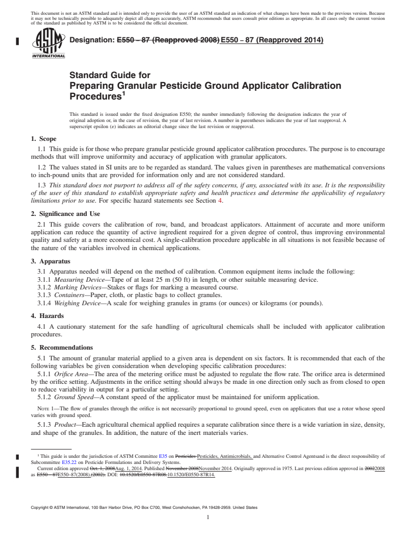 REDLINE ASTM E550-87(2014) - Standard Guide for  Preparing Granular Pesticide Ground Applicator Calibration  Procedures