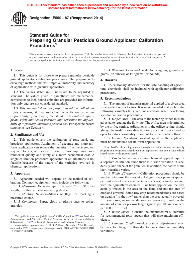 ASTM E550-87(2014) - Standard Guide for  Preparing Granular Pesticide Ground Applicator Calibration  Procedures