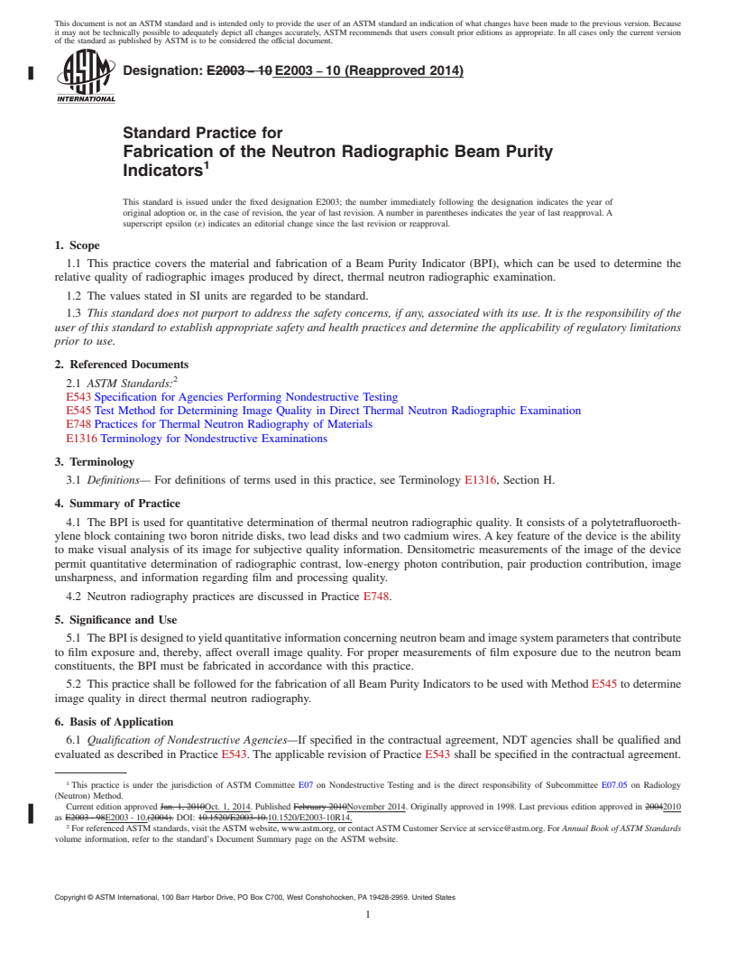 REDLINE ASTM E2003-10(2014) - Standard Practice for  Fabrication of the Neutron Radiographic Beam Purity Indicators