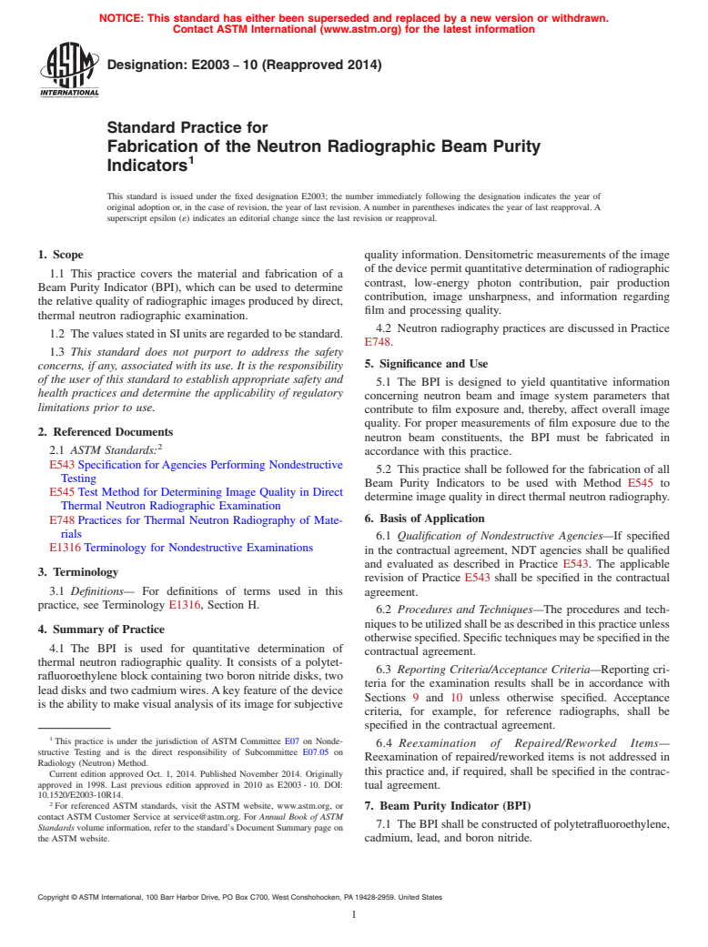 ASTM E2003-10(2014) - Standard Practice for  Fabrication of the Neutron Radiographic Beam Purity Indicators