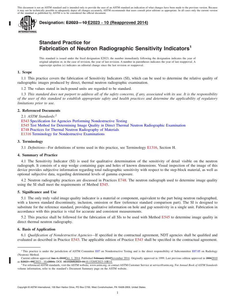 REDLINE ASTM E2023-10(2014) - Standard Practice for  Fabrication of Neutron Radiographic Sensitivity Indicators