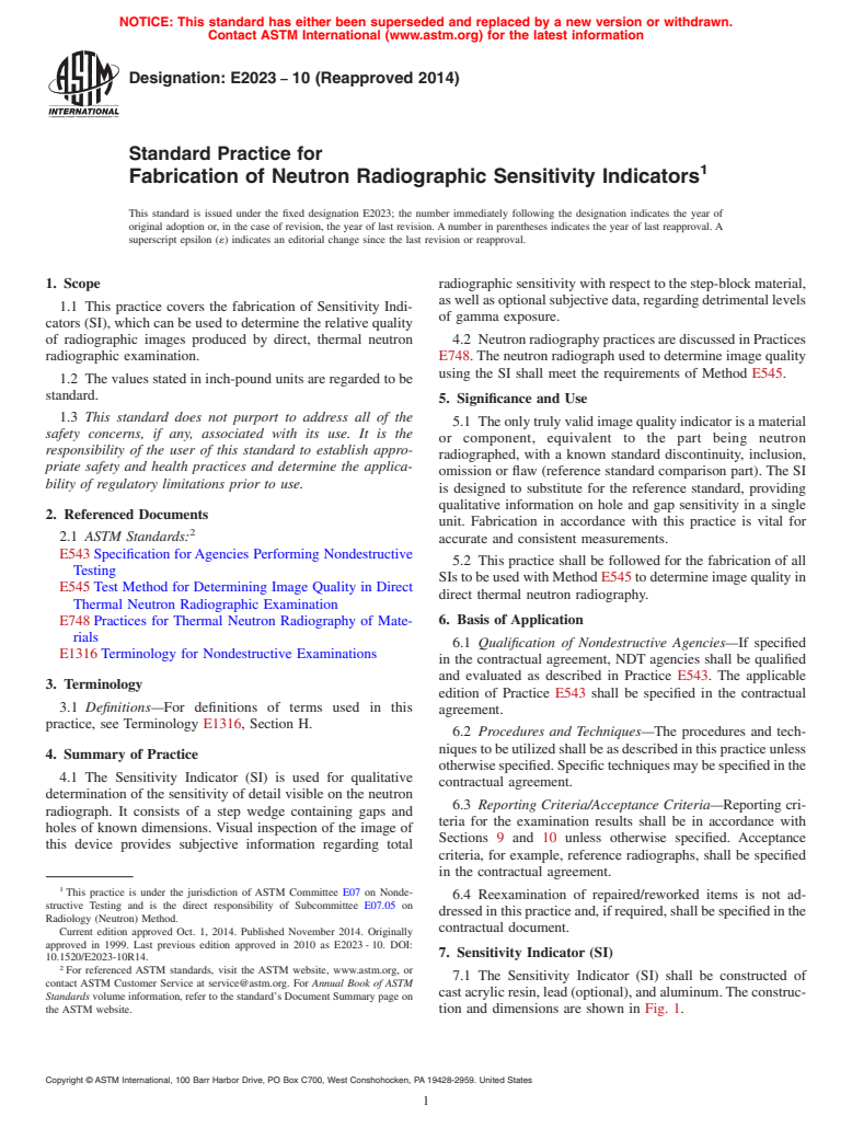 ASTM E2023-10(2014) - Standard Practice for  Fabrication of Neutron Radiographic Sensitivity Indicators