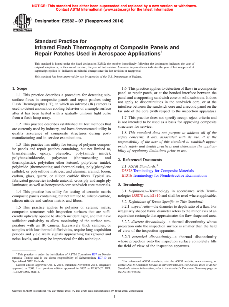 ASTM E2582-07(2014) - Standard Practice for  Infrared Flash Thermography of Composite Panels and Repair  Patches Used in Aerospace Applications