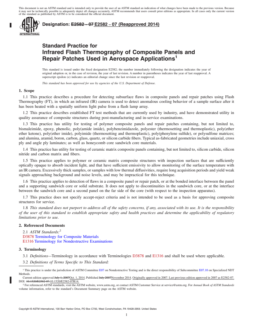 REDLINE ASTM E2582-07(2014) - Standard Practice for  Infrared Flash Thermography of Composite Panels and Repair  Patches Used in Aerospace Applications