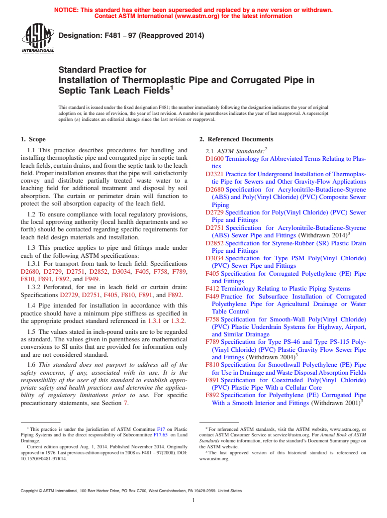 ASTM F481-97(2014) - Standard Practice for  Installation of Thermoplastic Pipe and Corrugated Pipe in Septic  Tank Leach Fields