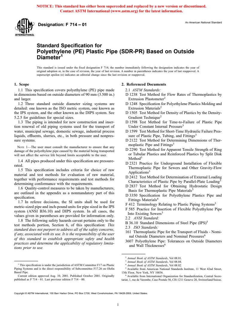 ASTM F714-01 - Standard Specification for Polyethylene (PE) Plastic Pipe (SDR-PR) Based on Outside Diameter