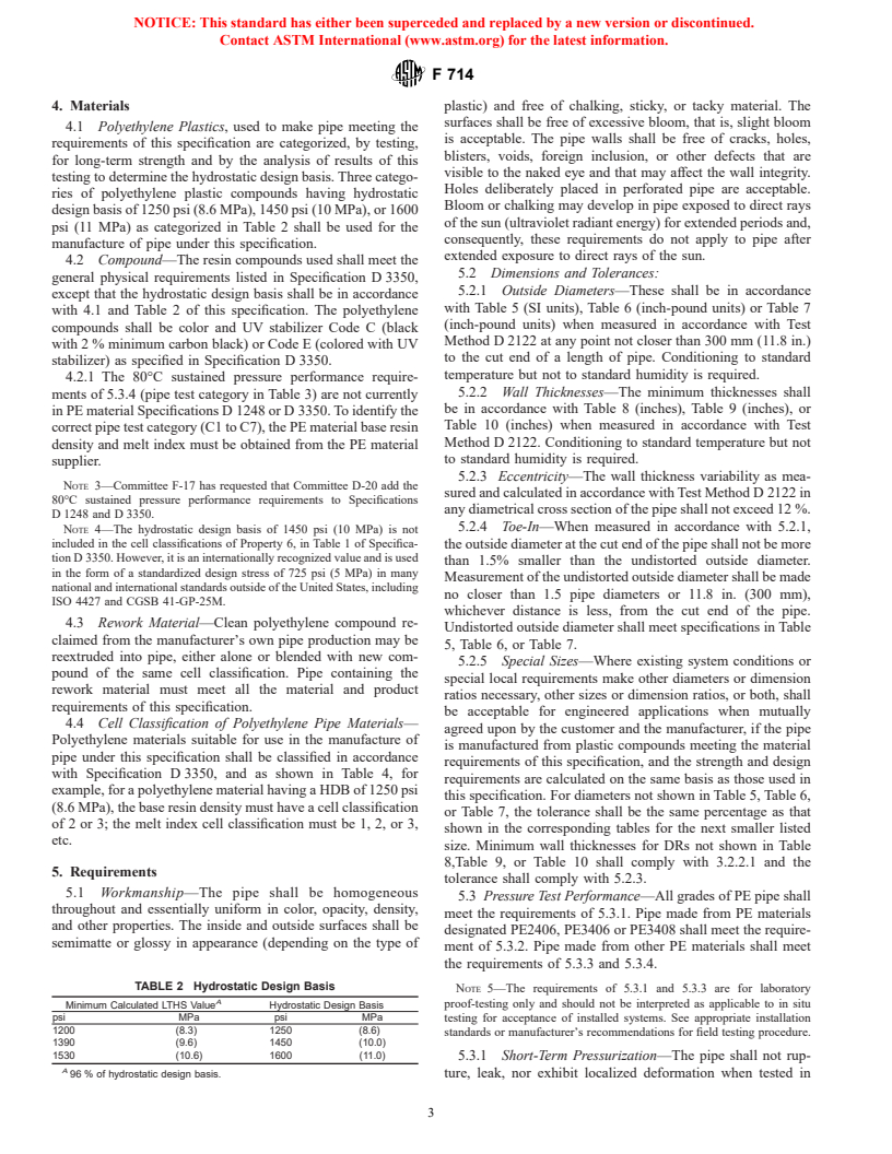 ASTM F714-01 - Standard Specification for Polyethylene (PE) Plastic Pipe (SDR-PR) Based on Outside Diameter