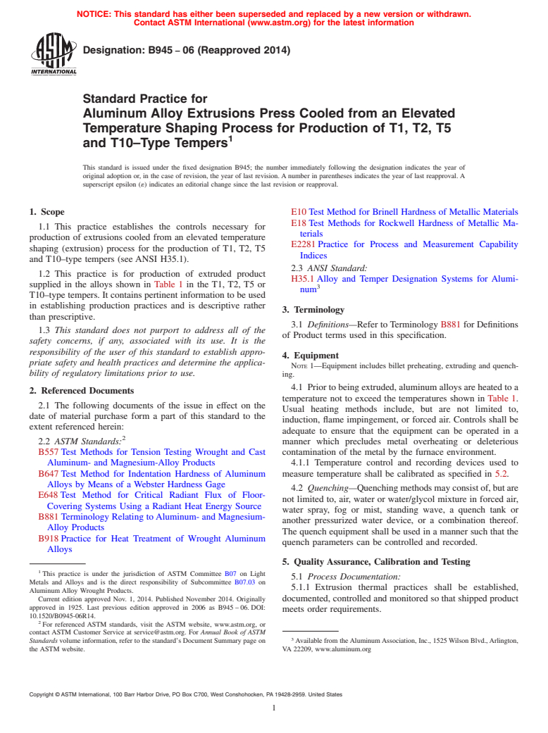 ASTM B945-06(2014) - Standard Practice for  Aluminum Alloy Extrusions Press Cooled from an Elevated Temperature  Shaping Process for Production of T1, T2, T5 and T10&ndash;Type Tempers