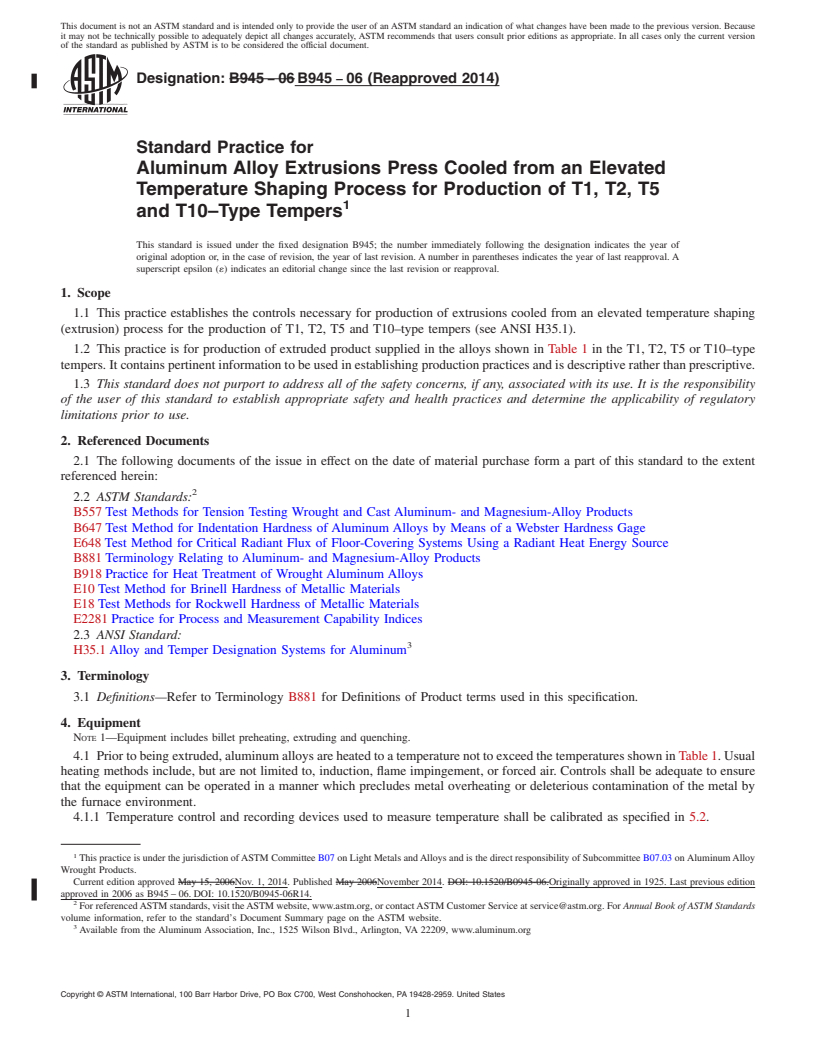 REDLINE ASTM B945-06(2014) - Standard Practice for  Aluminum Alloy Extrusions Press Cooled from an Elevated Temperature  Shaping Process for Production of T1, T2, T5 and T10&ndash;Type Tempers