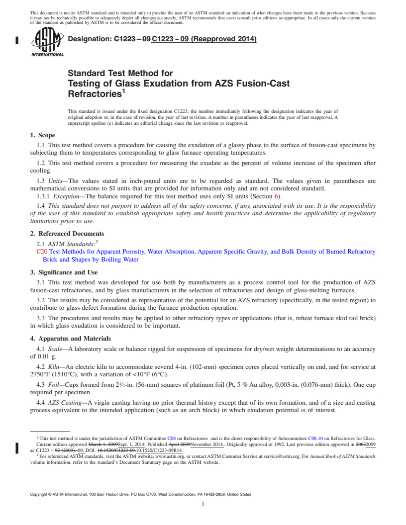 REDLINE ASTM C1223-09(2014) - Standard Test Method for Testing of Glass Exudation from AZS Fusion-Cast Refractories