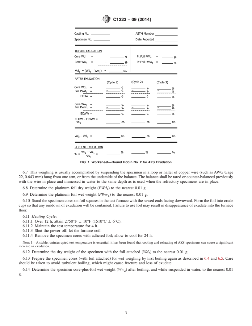 REDLINE ASTM C1223-09(2014) - Standard Test Method for Testing of Glass Exudation from AZS Fusion-Cast Refractories