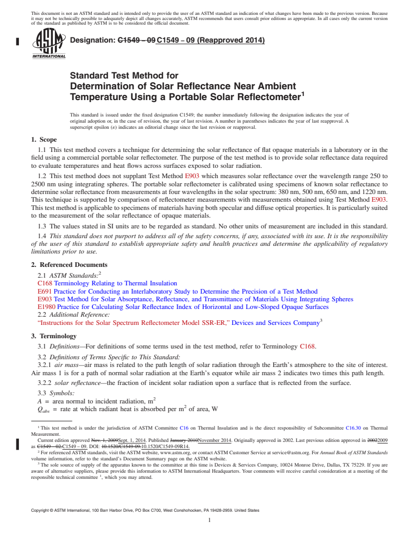 REDLINE ASTM C1549-09(2014) - Standard Test Method for  Determination of Solar Reflectance Near Ambient Temperature  Using a Portable Solar Reflectometer