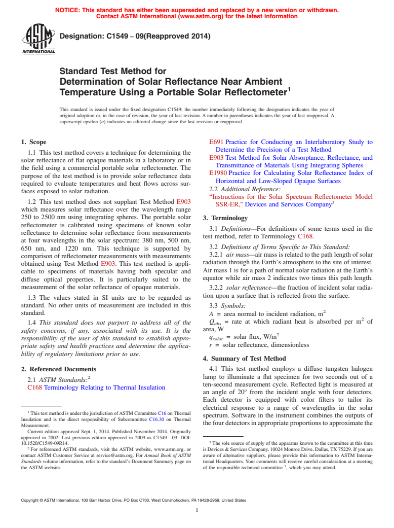 ASTM C1549-09(2014) - Standard Test Method for  Determination of Solar Reflectance Near Ambient Temperature  Using a Portable Solar Reflectometer