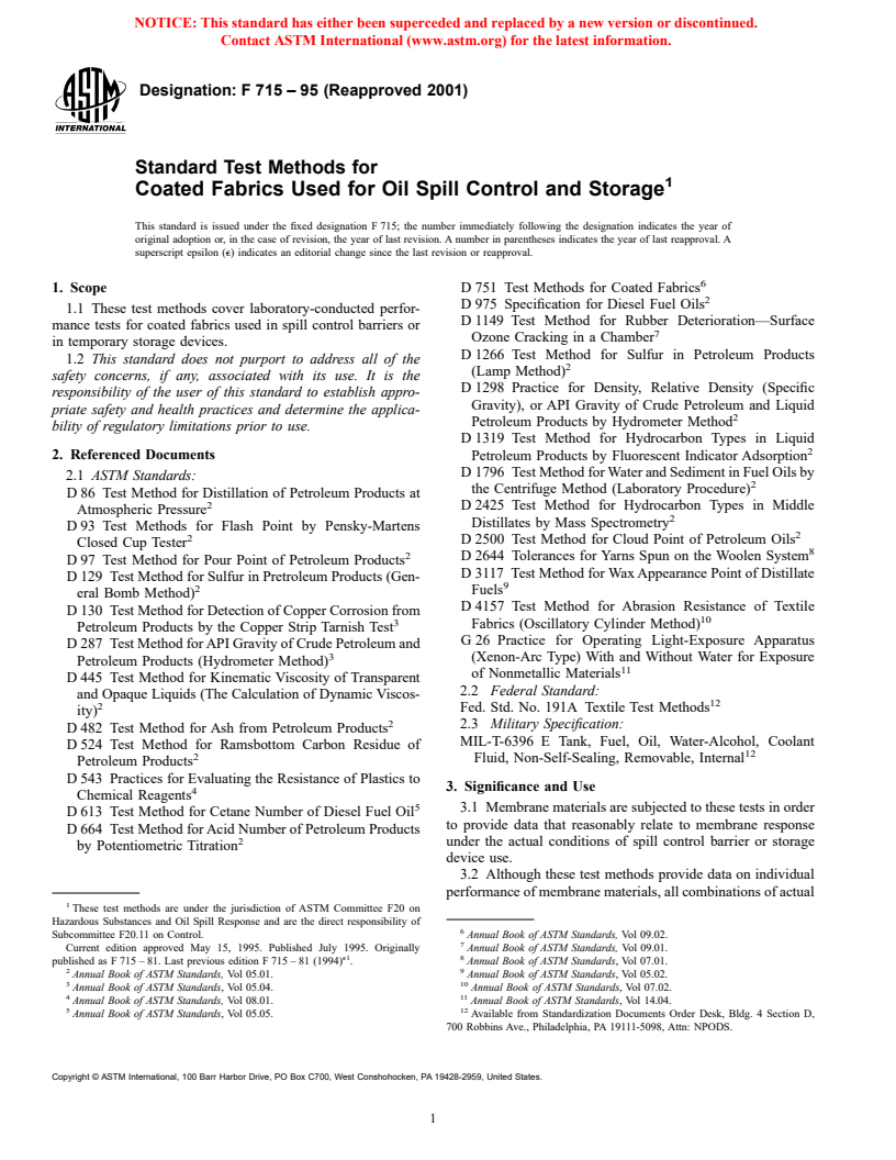 ASTM F715-95(2001) - Standard Test Methods for Coated Fabrics Used for Oil Spill Control and Storage