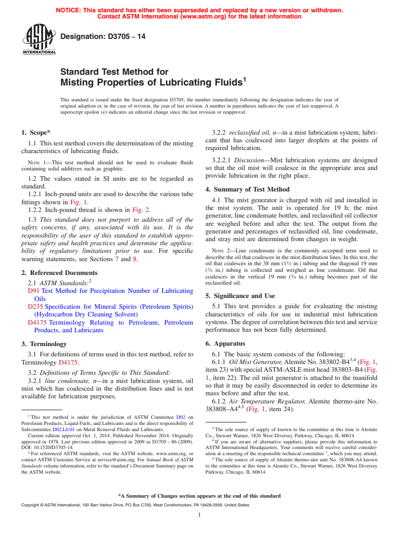 ASTM D3705-14 - Standard Test Method for  Misting Properties of Lubricating Fluids