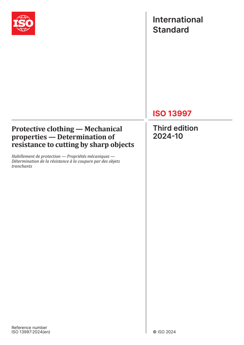 ISO 13997:2024 - Protective clothing — Mechanical properties — Determination of resistance to cutting by sharp objects
Released:11. 10. 2024