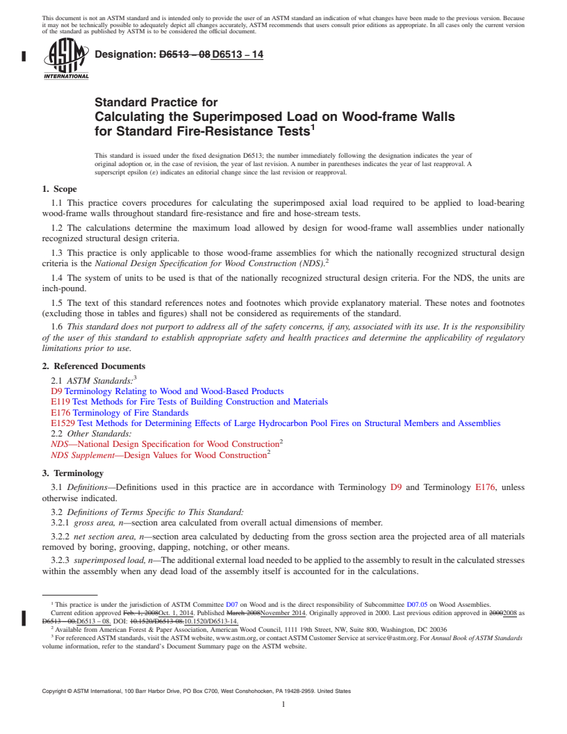 REDLINE ASTM D6513-14 - Standard Practice for  Calculating the Superimposed Load on Wood-frame Walls for Standard  Fire-Resistance Tests