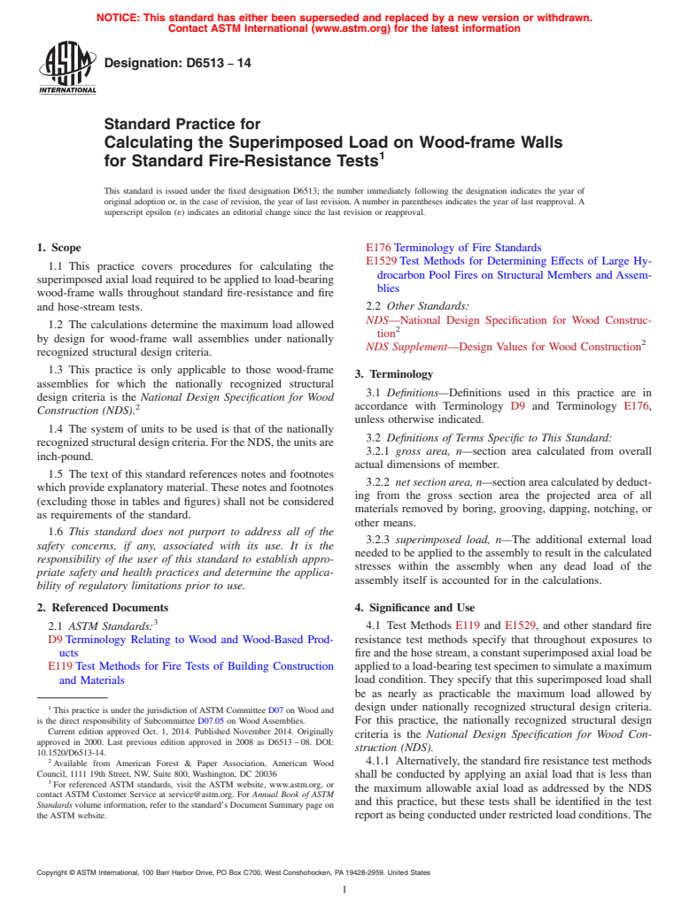 ASTM D6513-14 - Standard Practice for  Calculating the Superimposed Load on Wood-frame Walls for Standard  Fire-Resistance Tests