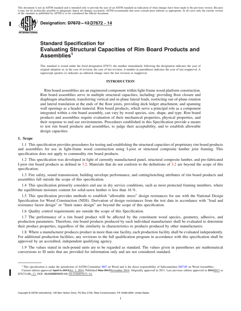 REDLINE ASTM D7672-14 - Standard Specification for  Evaluating Structural Capacities of Rim Board Products and   Assemblies