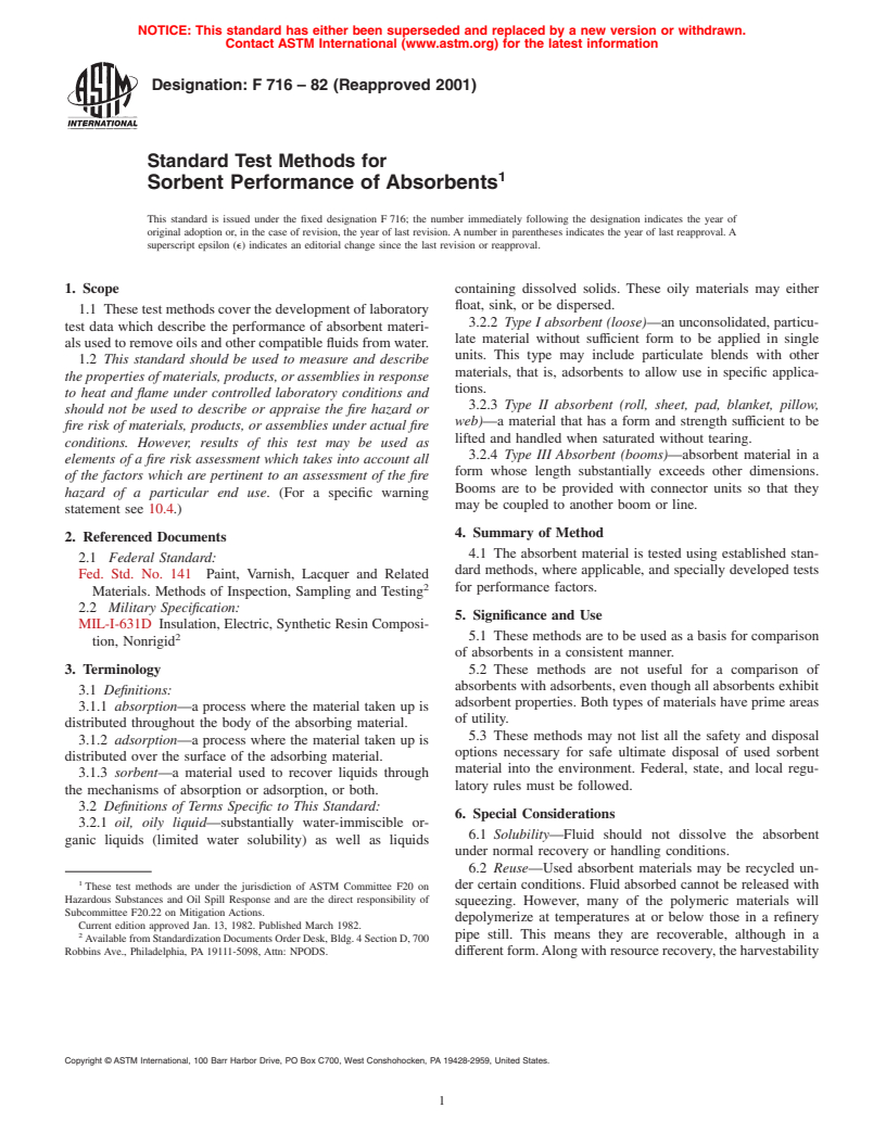 ASTM F716-82(2001) - Standard Methods of Testing Sorbent Performance of Absorbents