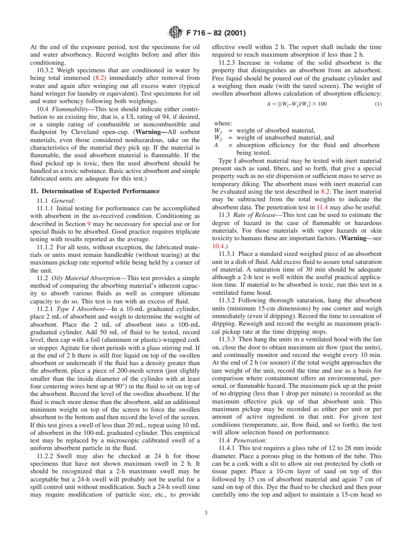 ASTM F716-82(2001) - Standard Methods of Testing Sorbent Performance of Absorbents