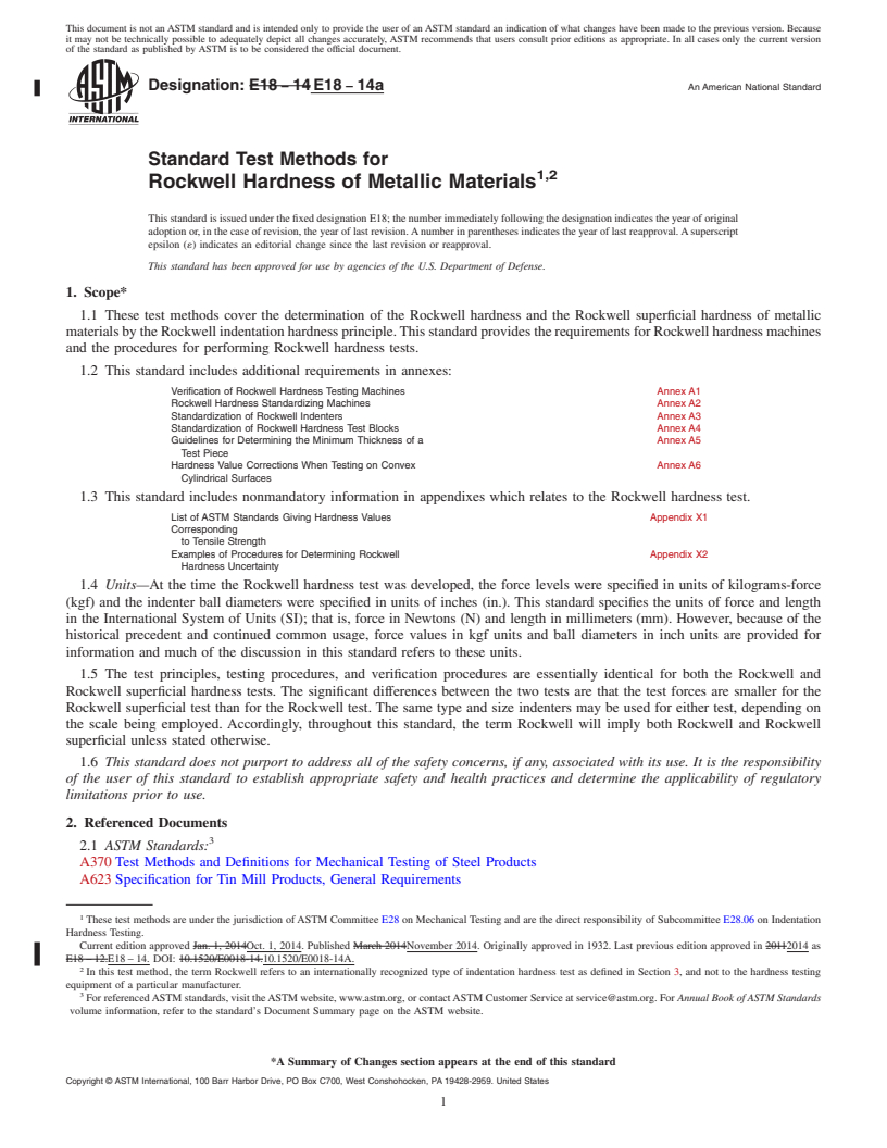 REDLINE ASTM E18-14a - Standard Test Methods for  Rockwell Hardness of Metallic Materials