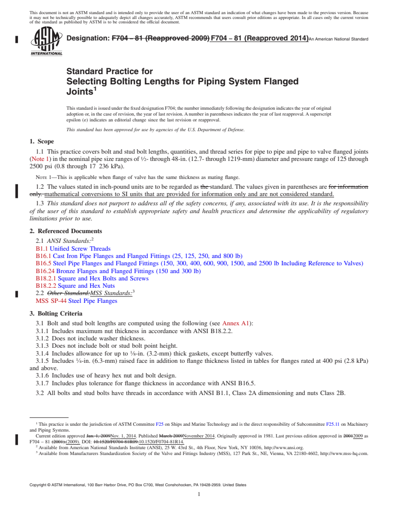 REDLINE ASTM F704-81(2014) - Standard Practice for  Selecting Bolting Lengths for Piping System Flanged Joints