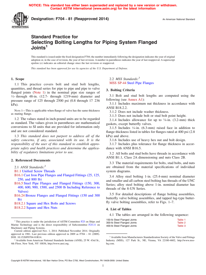 ASTM F704-81(2014) - Standard Practice for  Selecting Bolting Lengths for Piping System Flanged Joints